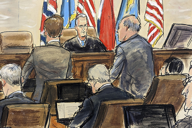 Judge Eric Davis (center) depicted earlier today in an artist sketch before finishing jury selection in the Delaware Superior Court. 