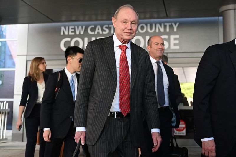 Daniel Webb, lawyer for Fox News, center,  leaves the Leonard Williams Justice Center in Wilmington, Delaware, on April 18.