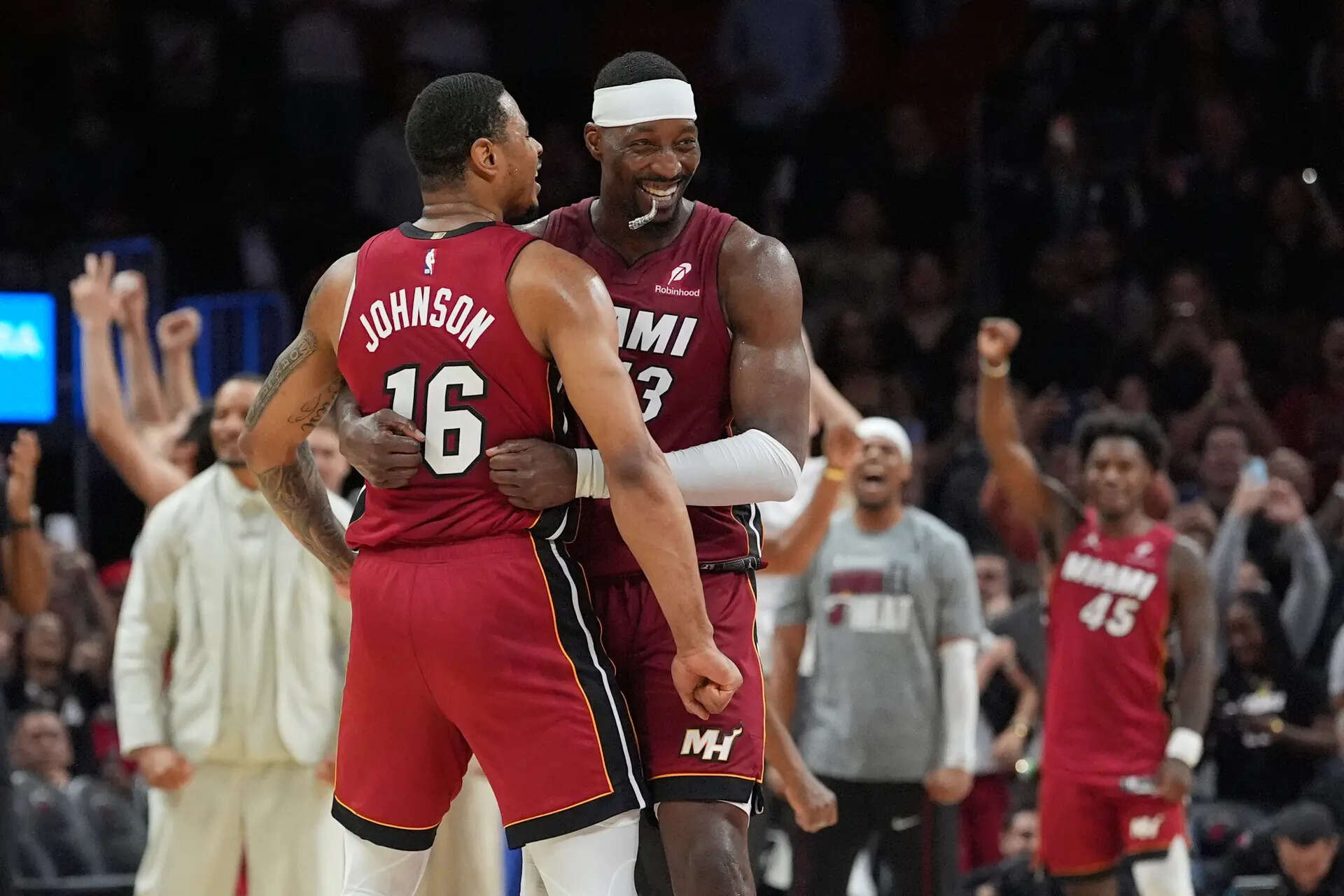 Miami Heat center Bam Adebayo (13) celebrates with forward Keshad Johnson (16) after reaching 83 points, the second-highest single game total in NBA history, in the second half of an NBA basketball game against the Washington Wizards, Tuesday, March 10, 2026, in Miami. (AP Photo/Rebecca Blackwell) Bam Adebayo's 83-point night was one to remember in Miami. But not everyone was pleased