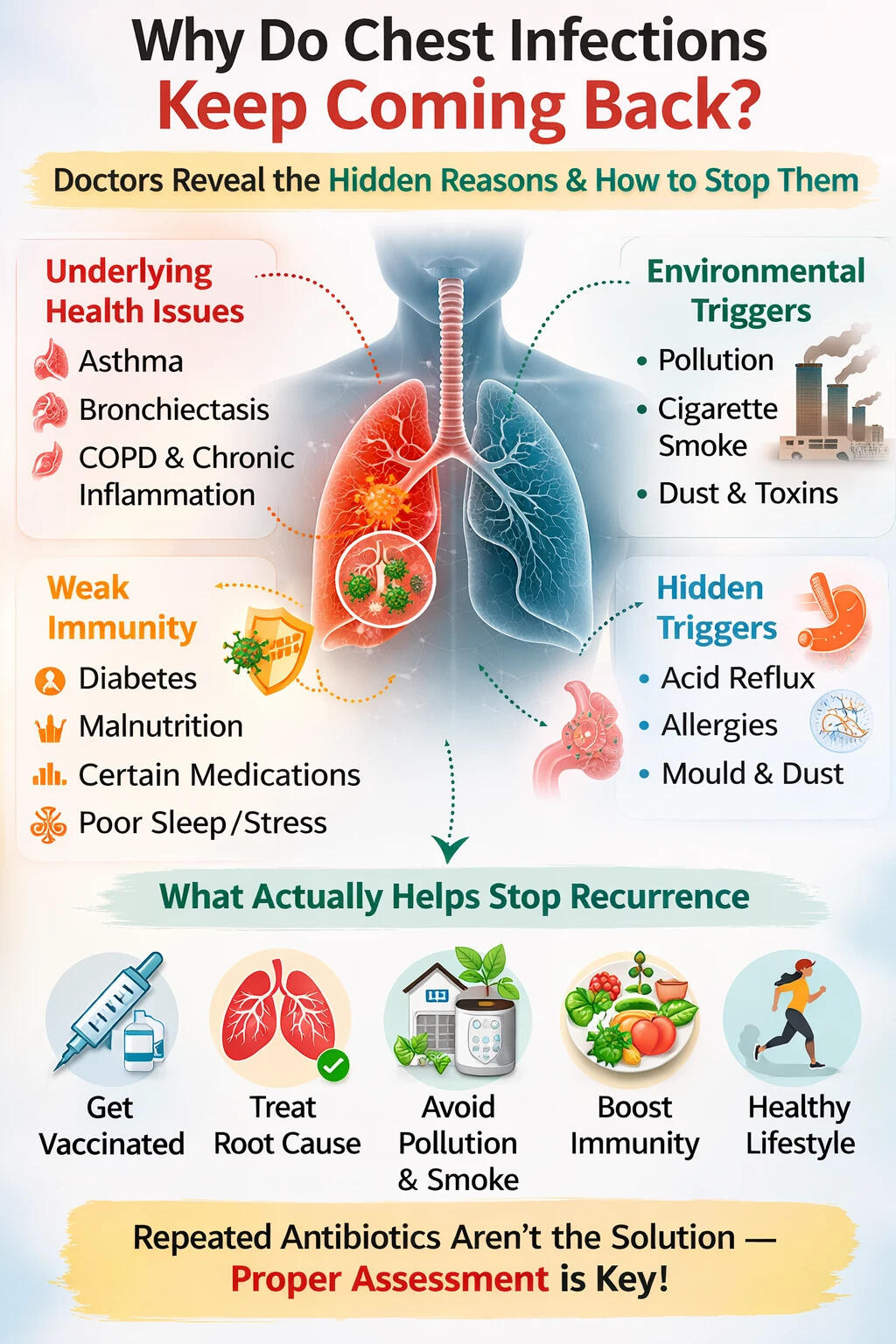 Identifying underlying causes, improving air quality, strengthening immunity, and taking recommended vaccinations can help break the cycle and protect lung health. chestt infection