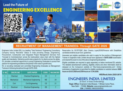 EIL Management Trainee recruitment 2026: Application to begin March 20 onwards through GATE scores
