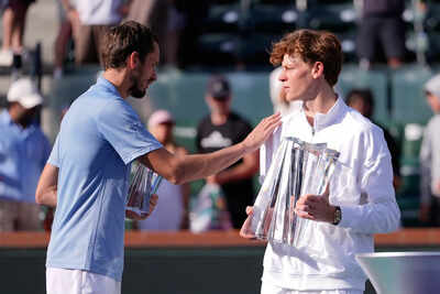 Jannik Sinner, of Italy, right, is congratulated by Daniil Medvedev, of Russia. (AP Photo) Indian Wells: Jannik Sinner beats Daniil Medvedev in thrilling final; Aryna Sabalenka wins women’s title