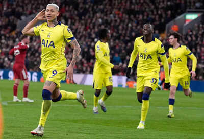 Tottenham's Richarlison celebrates after scoring during the Premier League match against Liverpool. (AP Photo) EPL: Late Richarlison goal rescues Tottenham at Liverpool; Manchester United beat Aston Villa 3-1