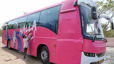 A pink-coloured bus being prepared for the Rajasthan Royals team ahead of the Indian Premier League at Sawai Mansingh Stadium, in Jaipur on Saturday. (ANI) From cheapest to one of the costliest: RR sees 2,332.84% jump in value in 19 years