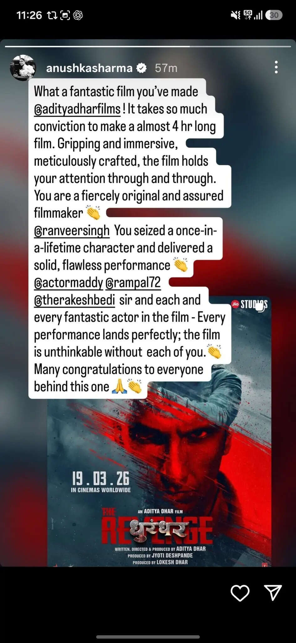 Anushka’s Instagram story for Dhurandhar. Anushka’s Instagram story for Dhurandhar.